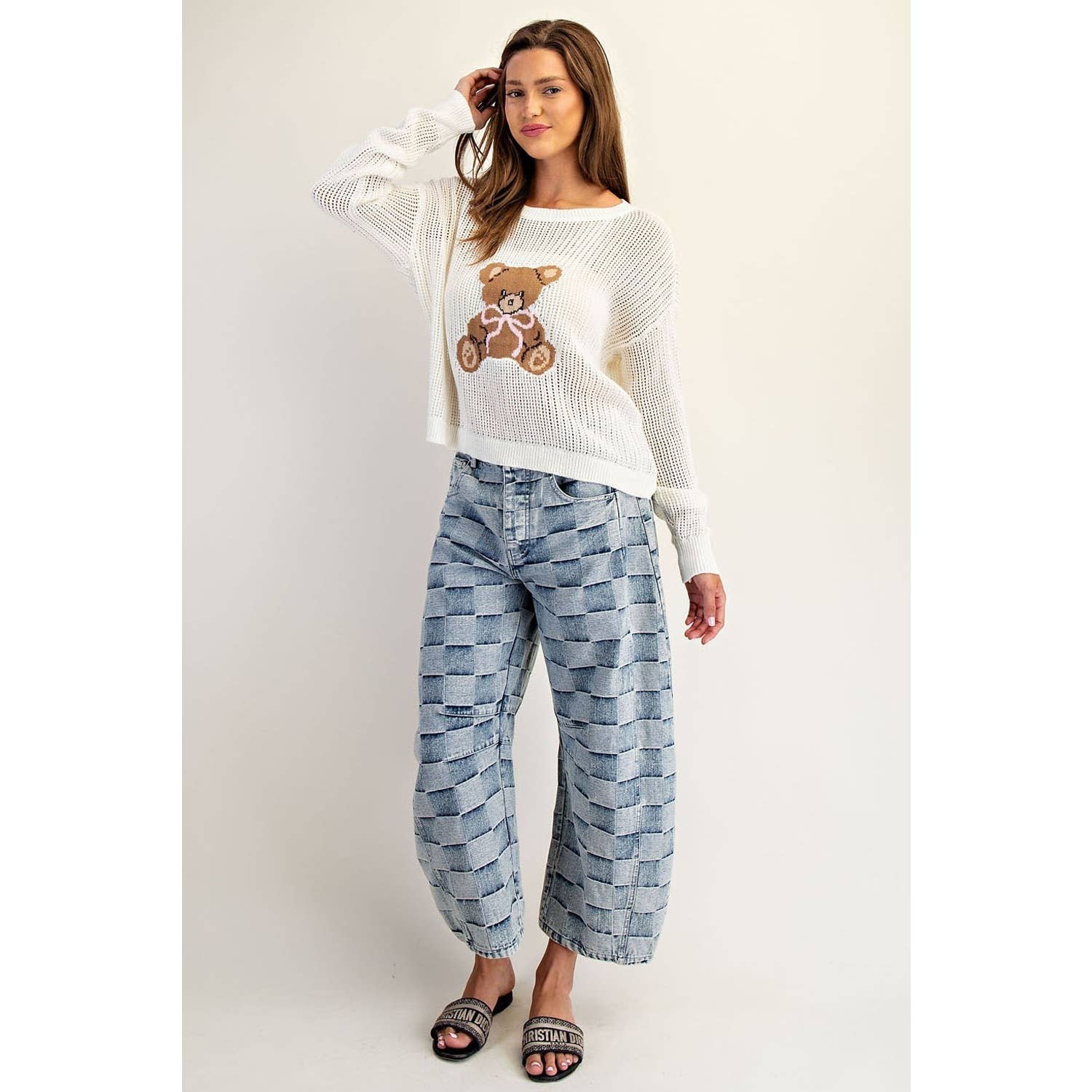 Teddy Bear Knit Sweater Top: OFF WHITE / L