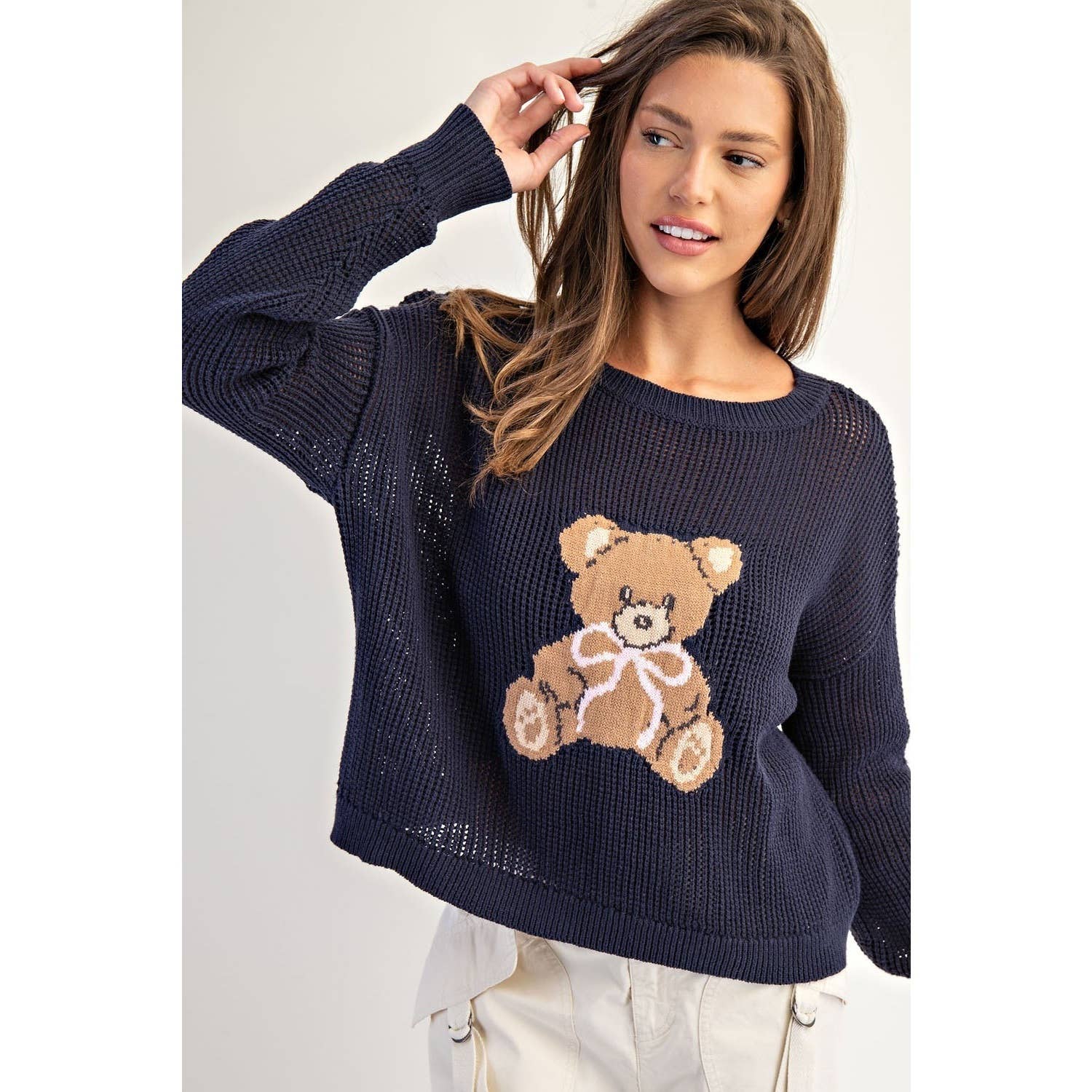 Teddy Bear Knit Sweater Top: OFF WHITE / L