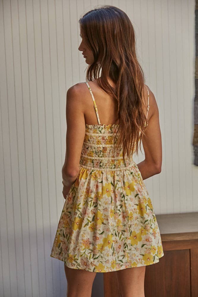 L8435 | Woven Cotton Floral Print Tube Neck Mini Dress: Cream Yellow / L