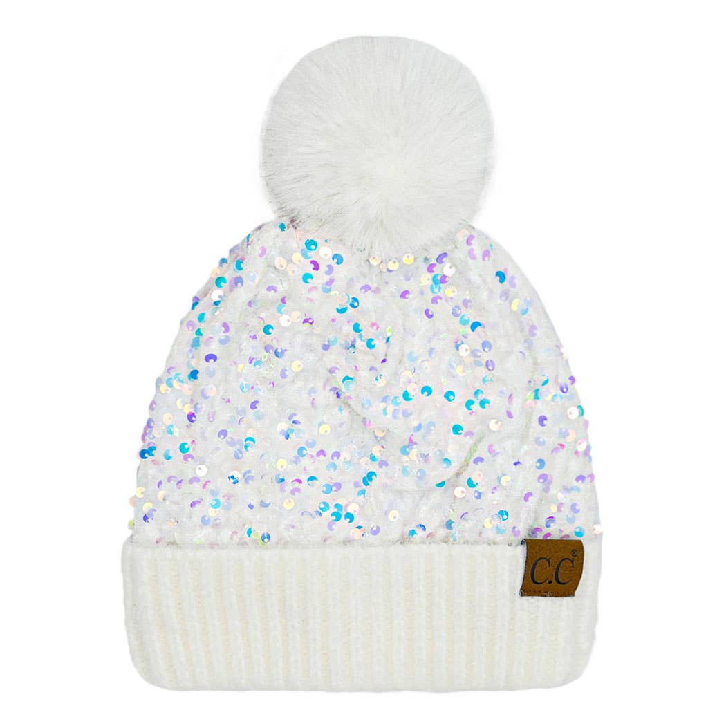 Women's - Glitter Sequined Cuff Beanie with Pom Pom - White
