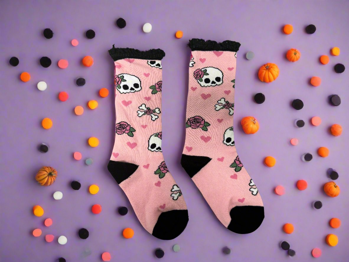 Lace Knee High Socks - Bubblegum Bones