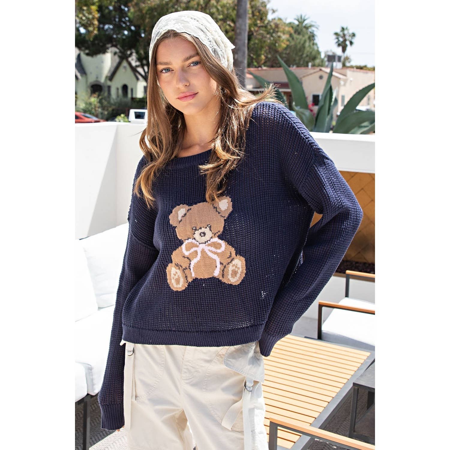 Teddy Bear Knit Sweater Top: OFF WHITE / M