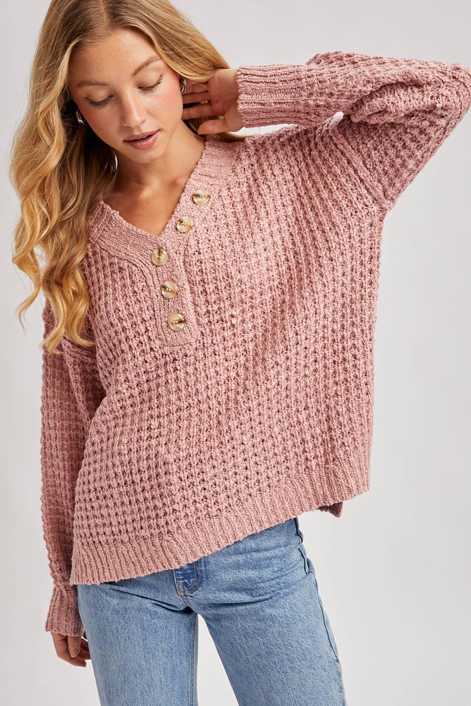 Women's Thermal Henley Sweater - Rose