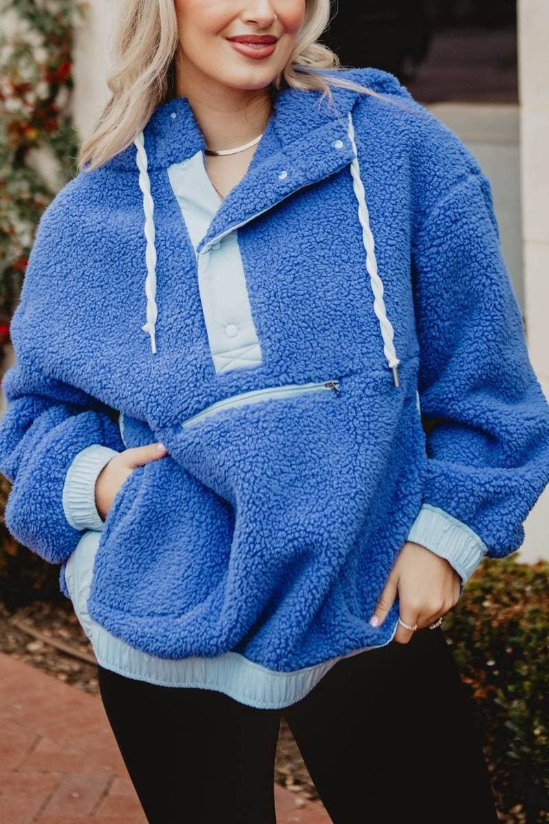 Blue Two-Toned Sherpa Fleece Wholesale Pullover: Blue / S