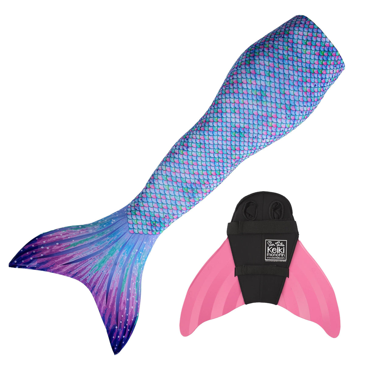 Aurora Borealis Mermaid Tail + Pink Monofin Set for kids, girls, teens, and women (pool toy): XL - Child 10/12