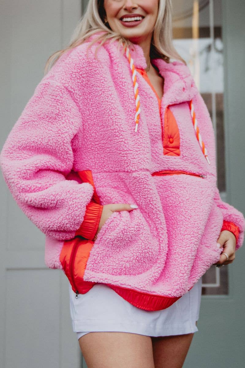Pink Two-Toned Sherpa Pullover Hoodies: Pink / S