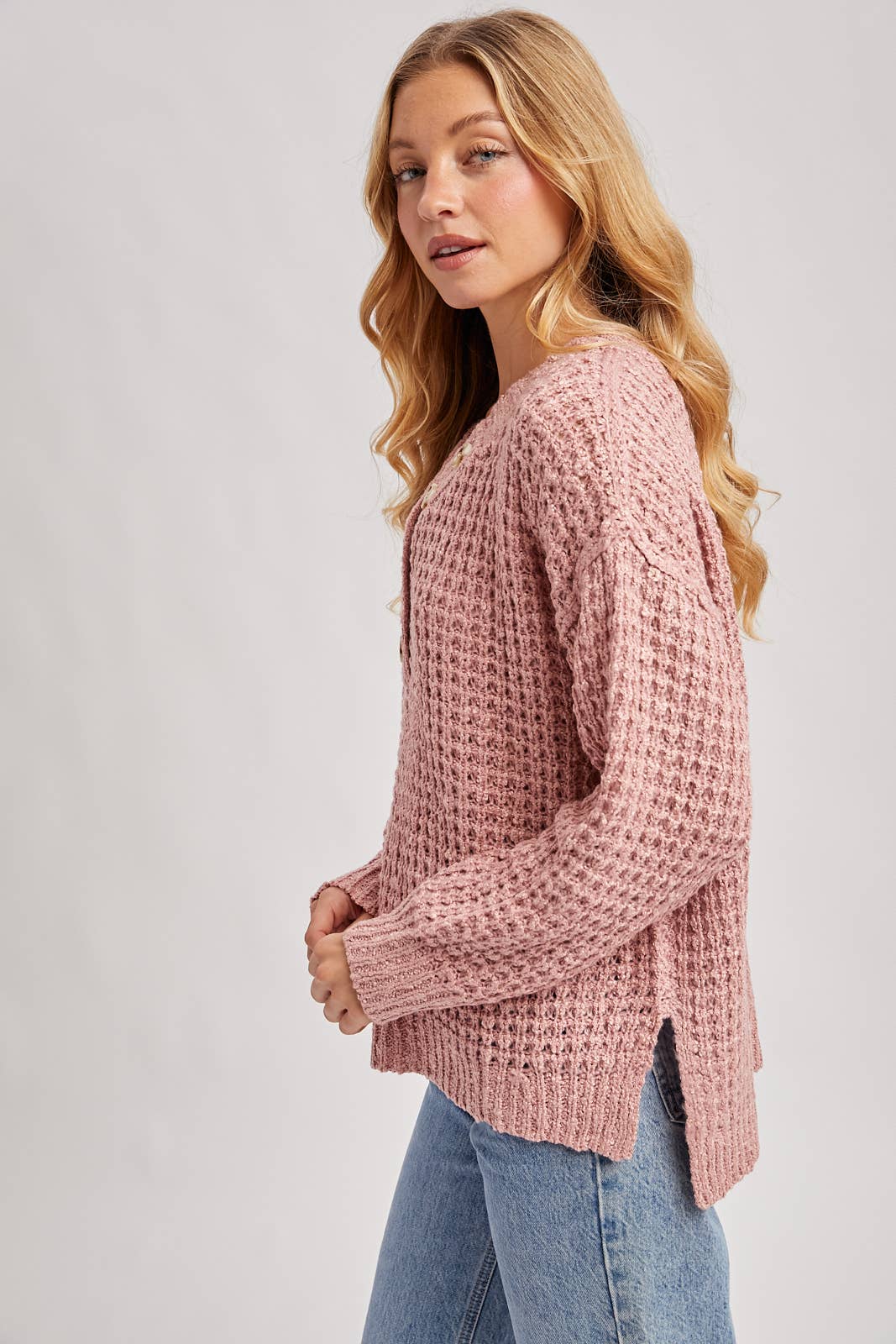 Women's Thermal Henley Sweater - Rose