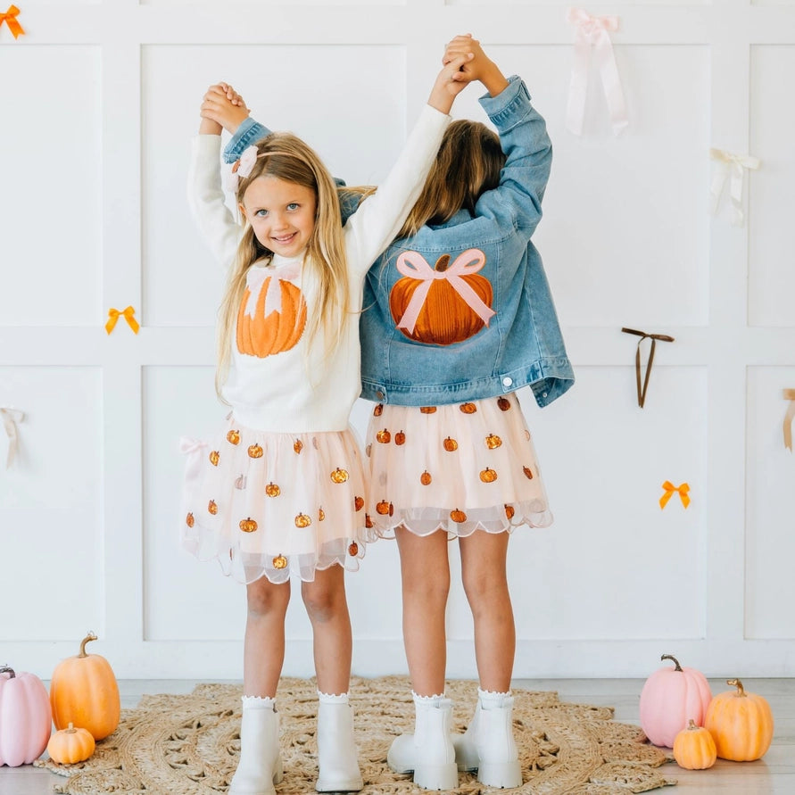 Sweet Wink Coquette Pumpkin Sequin Patch Denim Jacket