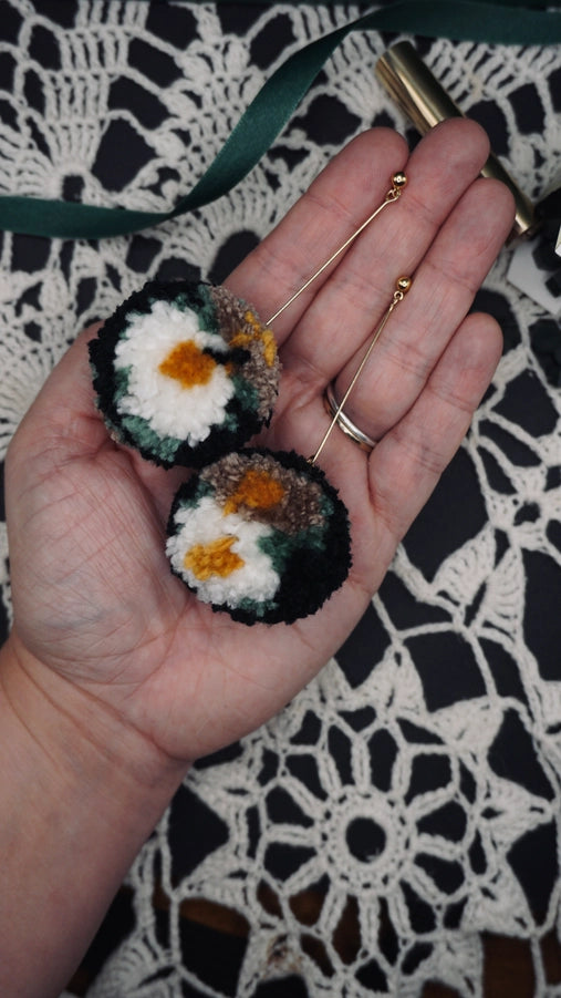 Pom Pom Drop Earrings: Black Floral