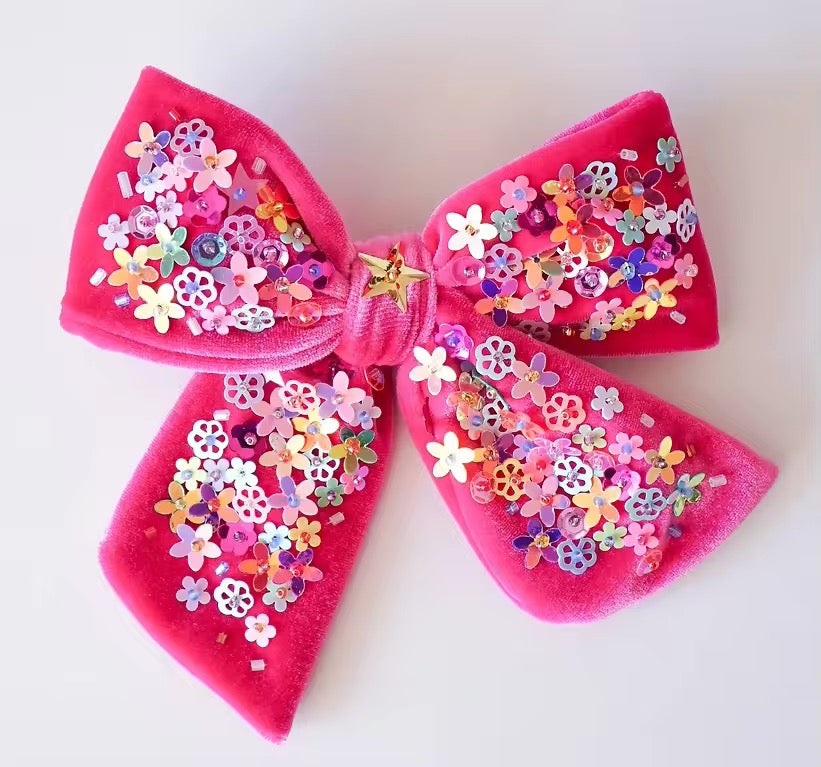 Velvet Sparkle Hair Bow - Floral Frenzy (Multiple Colors)