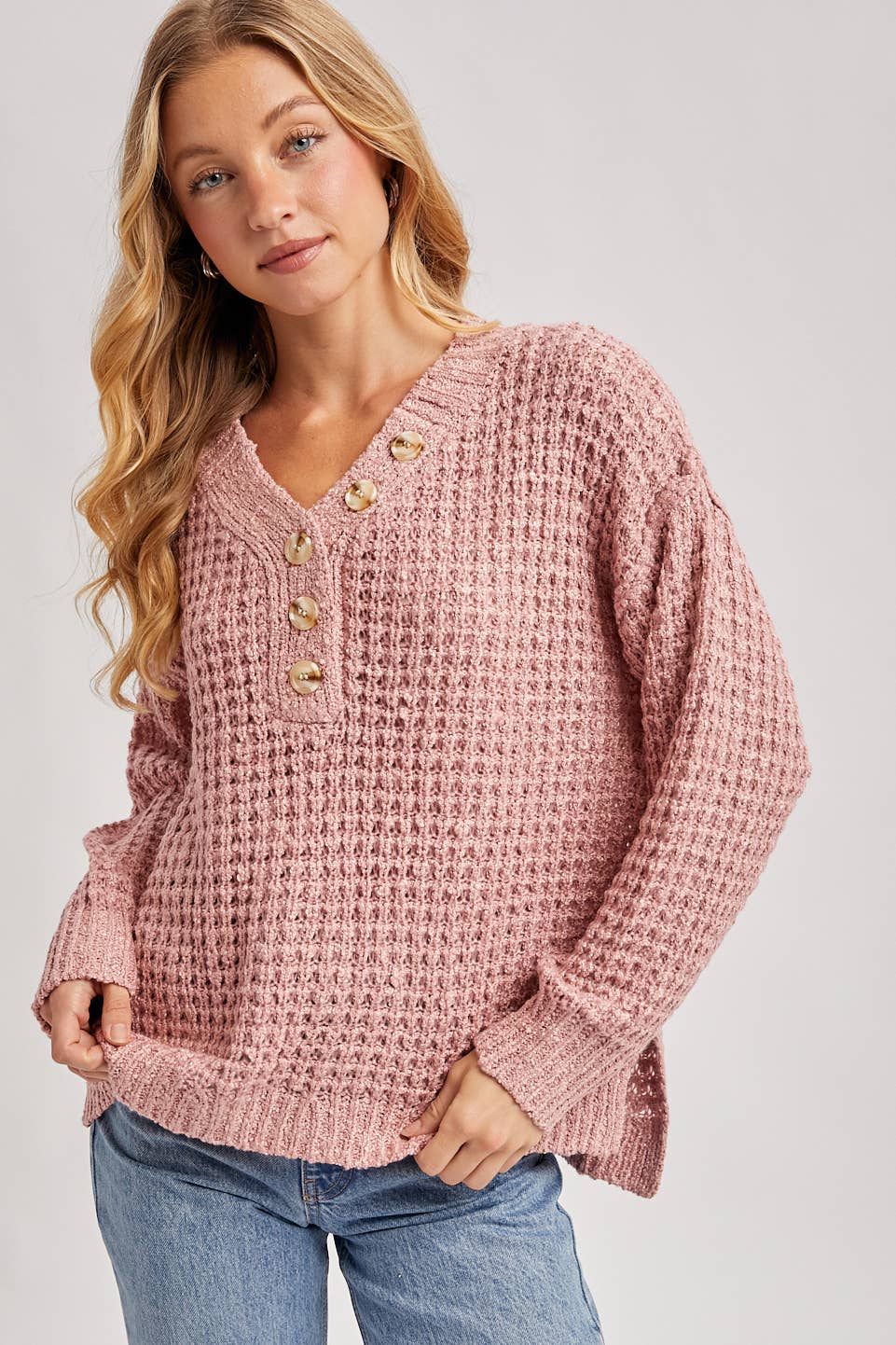 Women's Thermal Henley Sweater - Rose