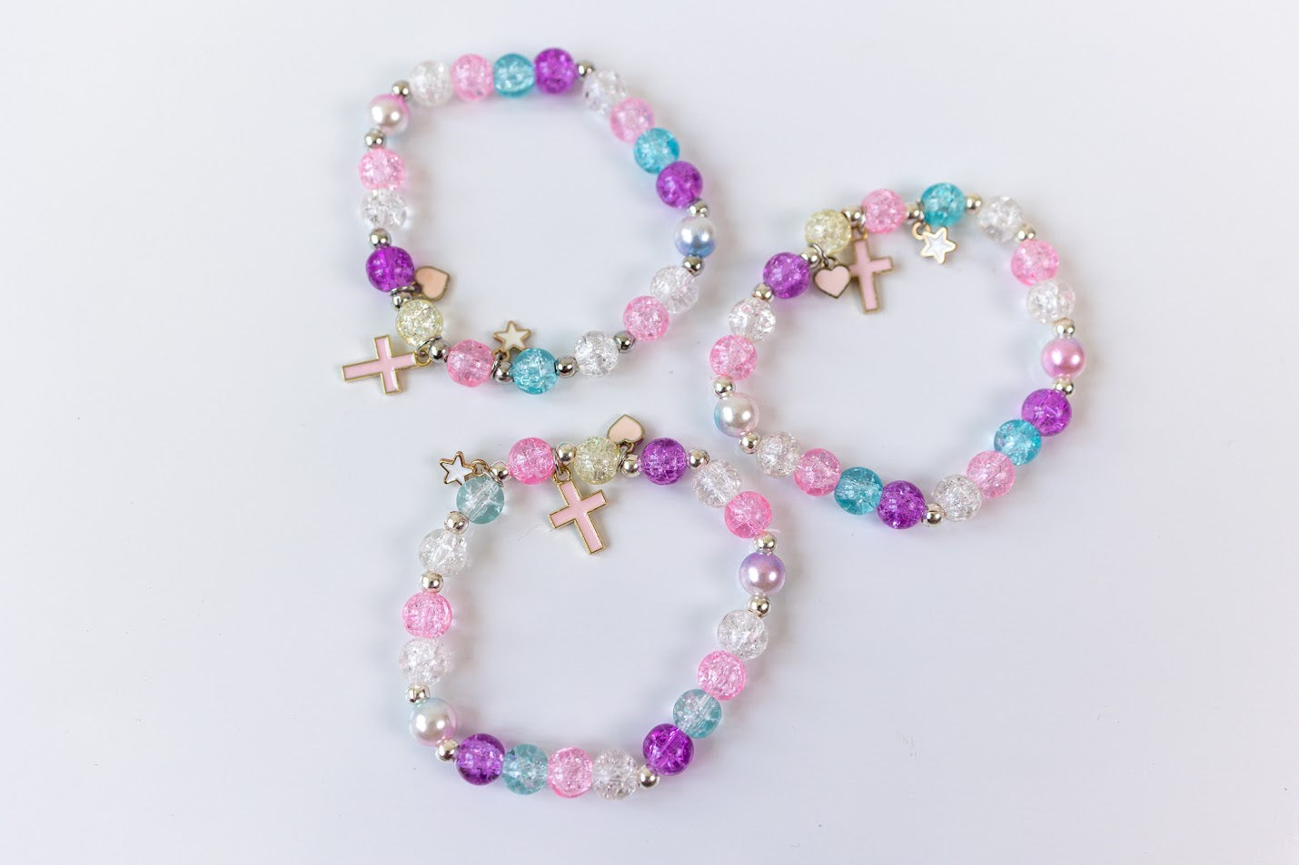 Crushed Glass Bead Stretch Bracelet - Cross