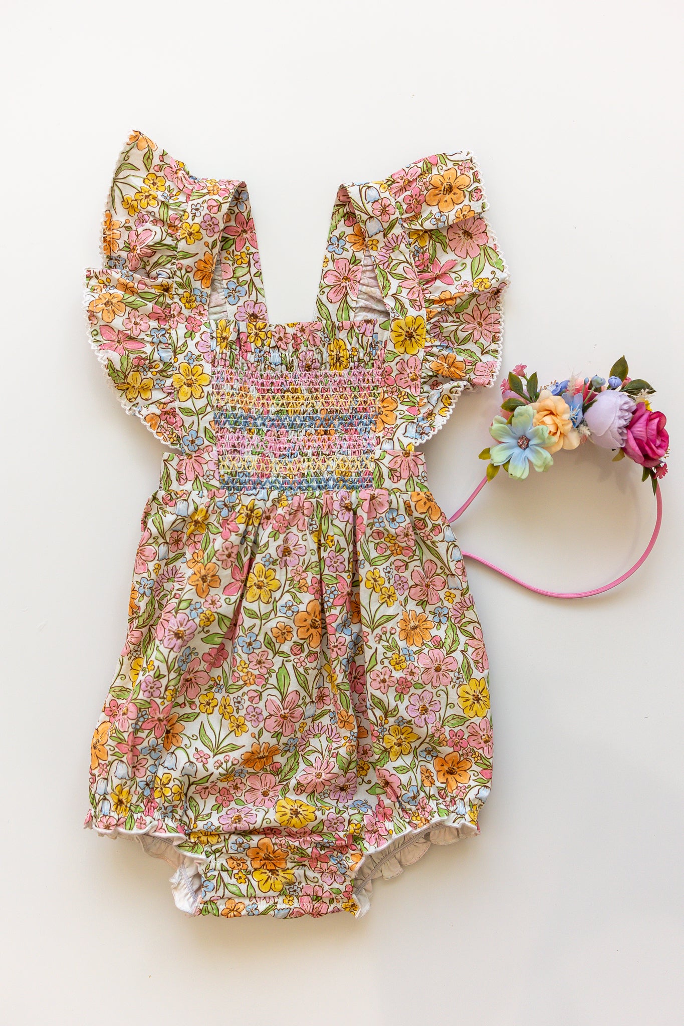 Smocked Bubble Romper - Garden Of Whimsy
