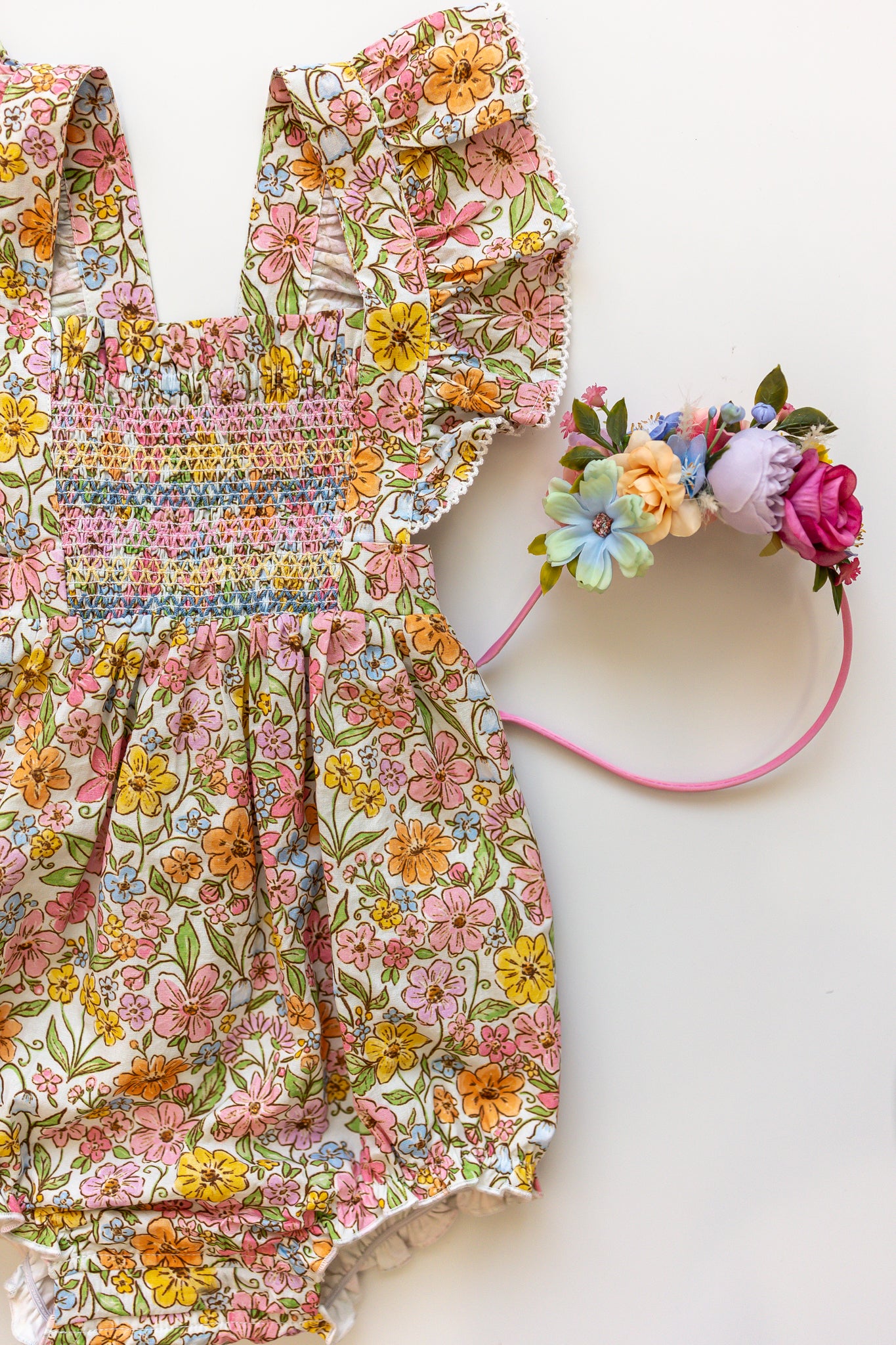 Smocked Bubble Romper - Garden Of Whimsy