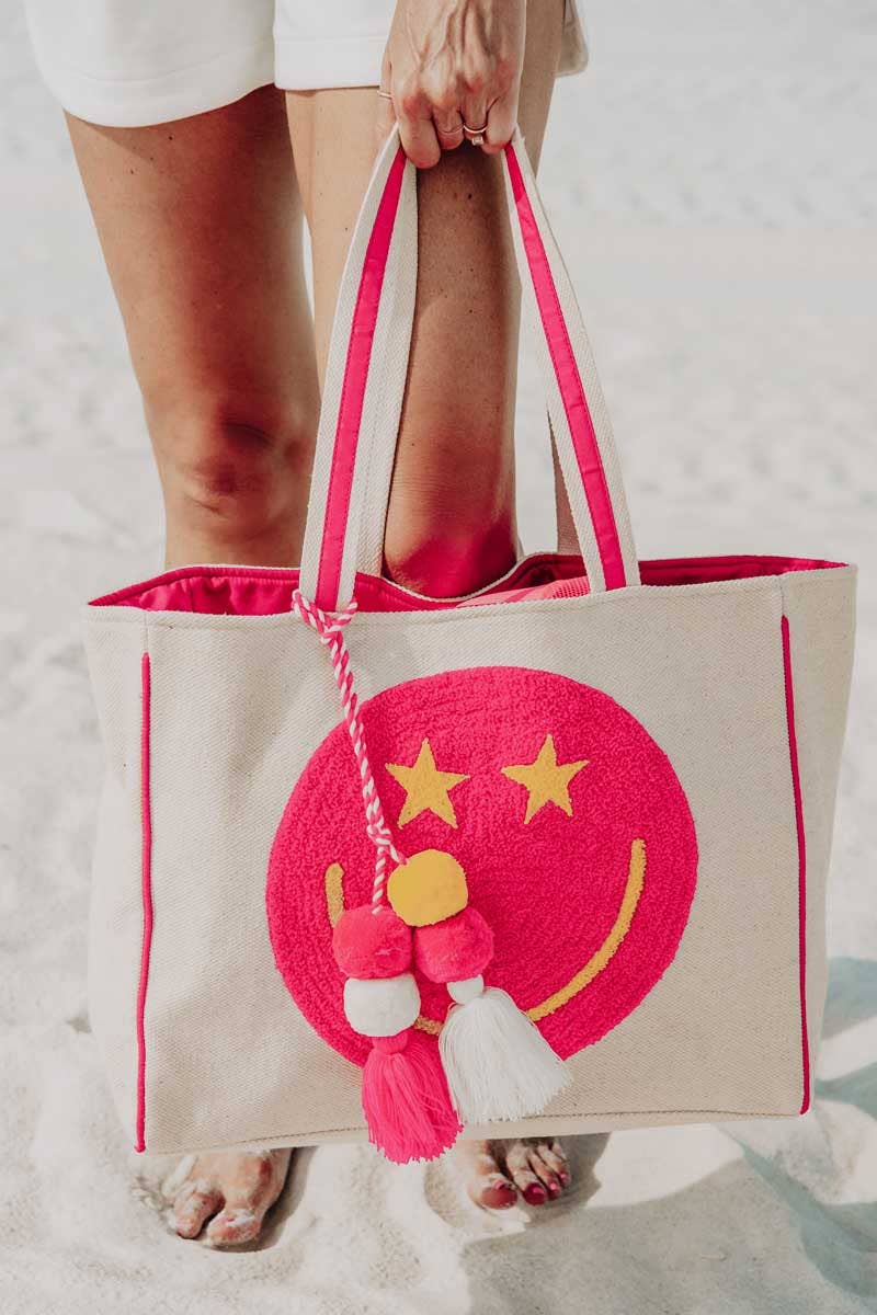 Hot Pink Star Eye Happy Face Tote Bag