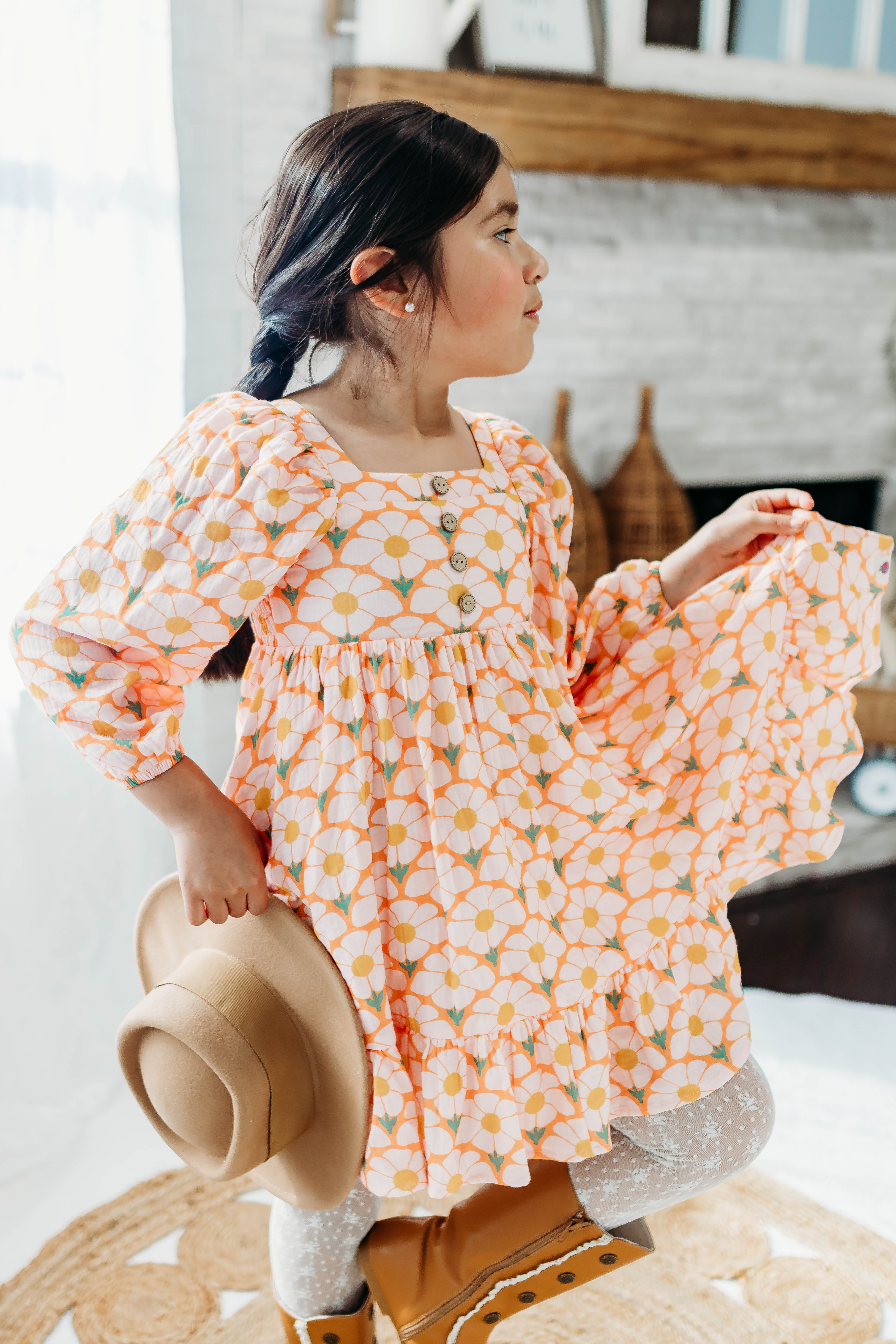 Puff Sleeve Gauze Dress - Flower Era