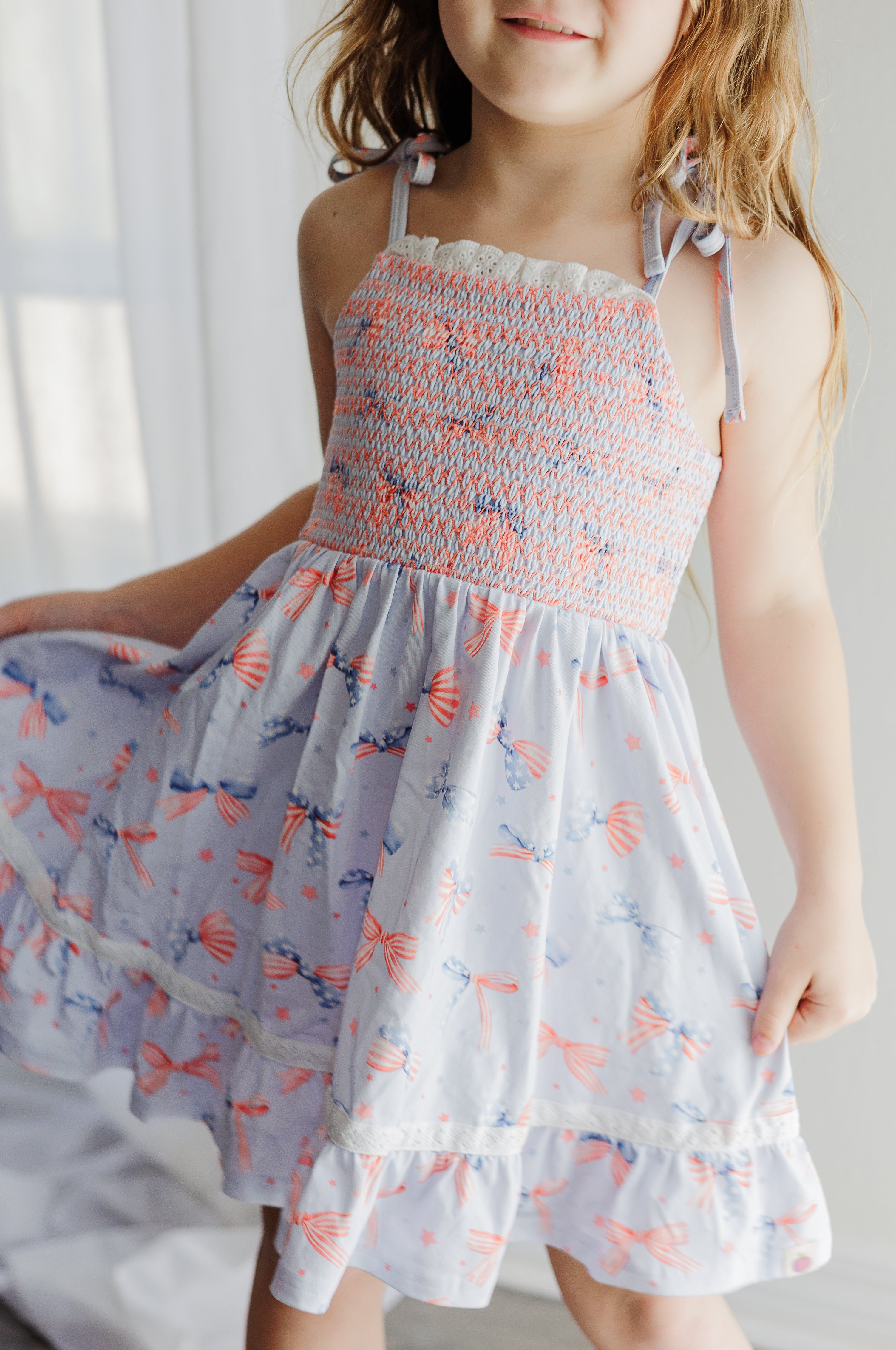 Elara Smocked Knit Dress - Red White & Bow