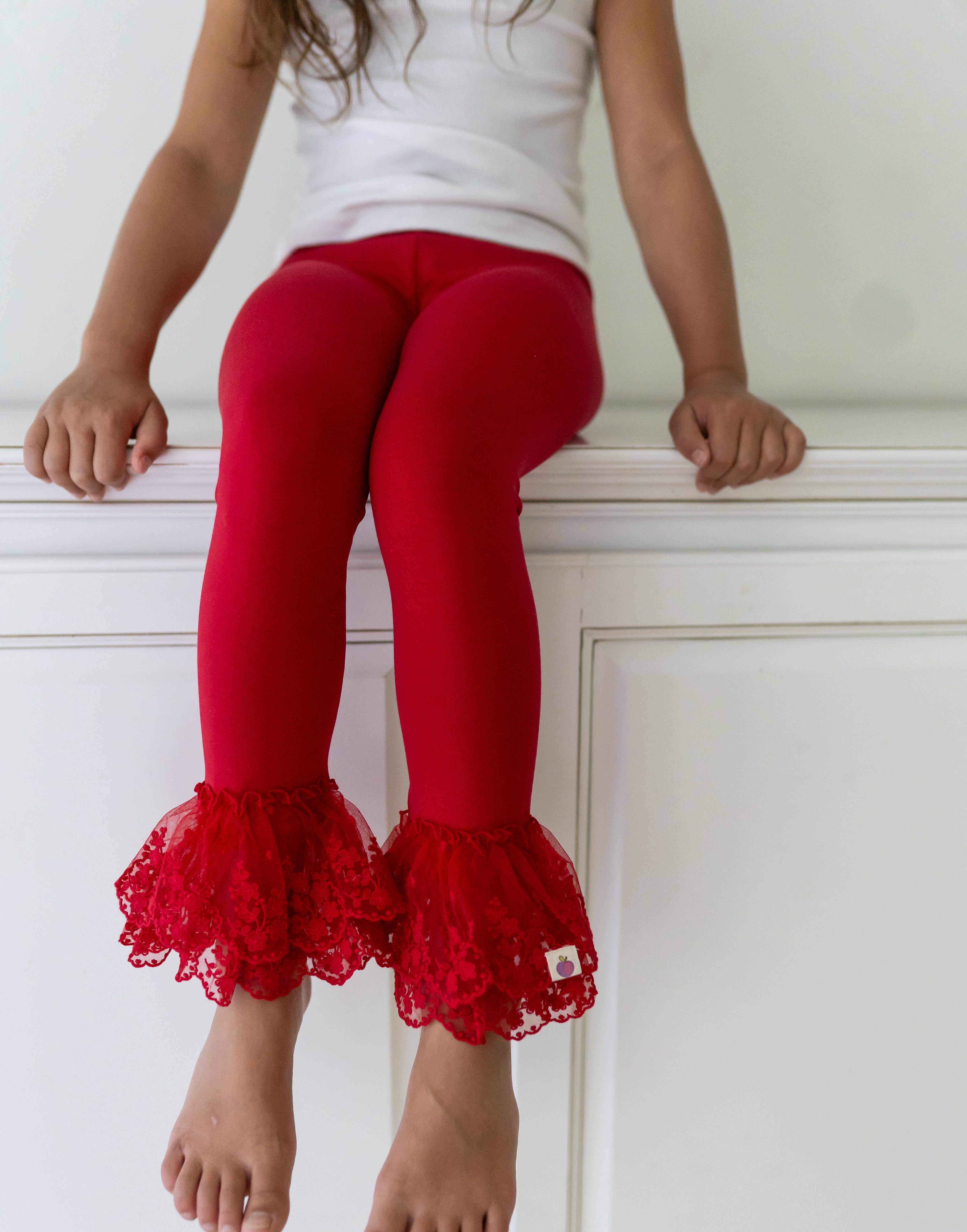 Lace Ruffle Leggings - Red