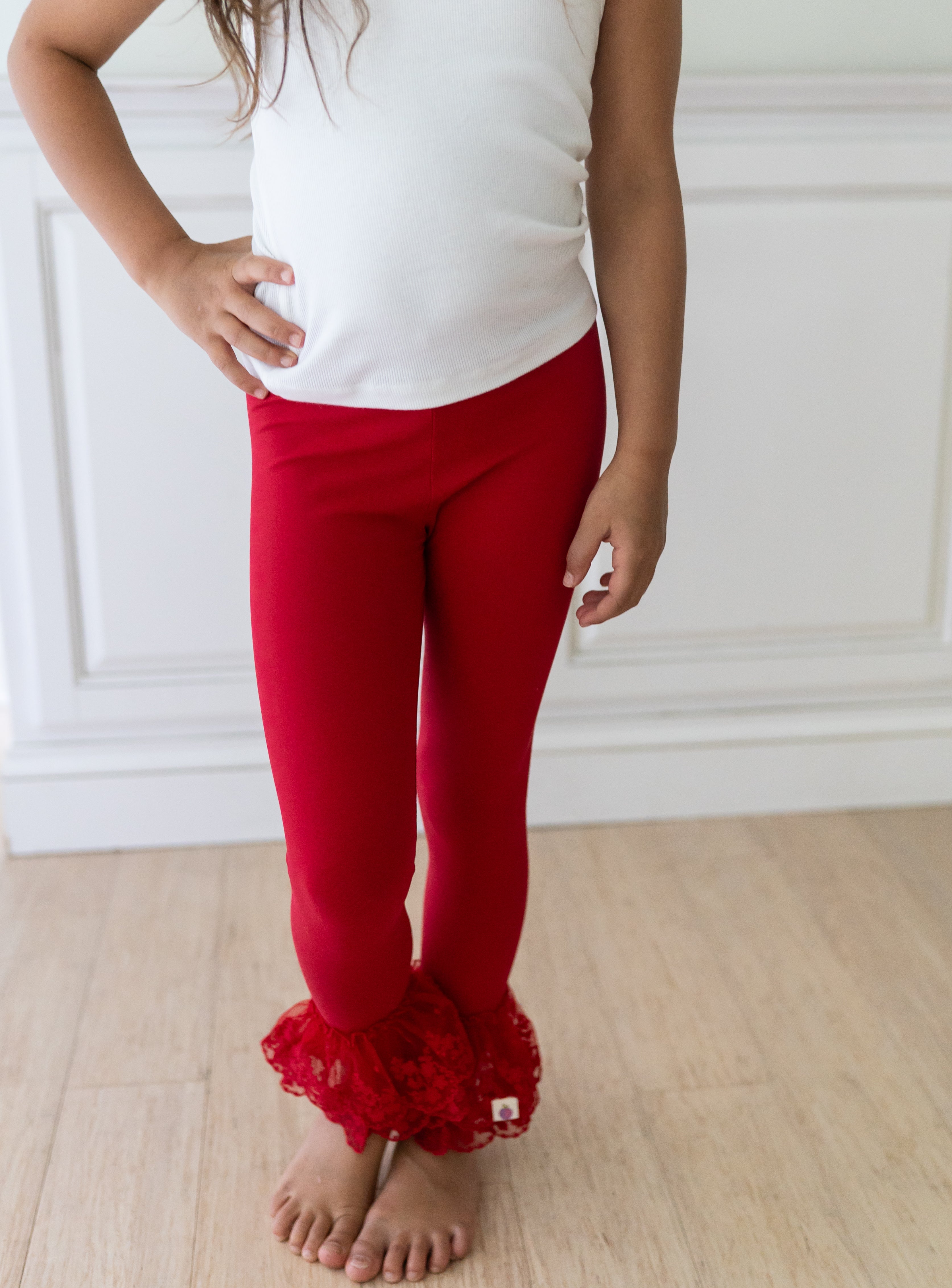 Lace Ruffle Leggings - Red