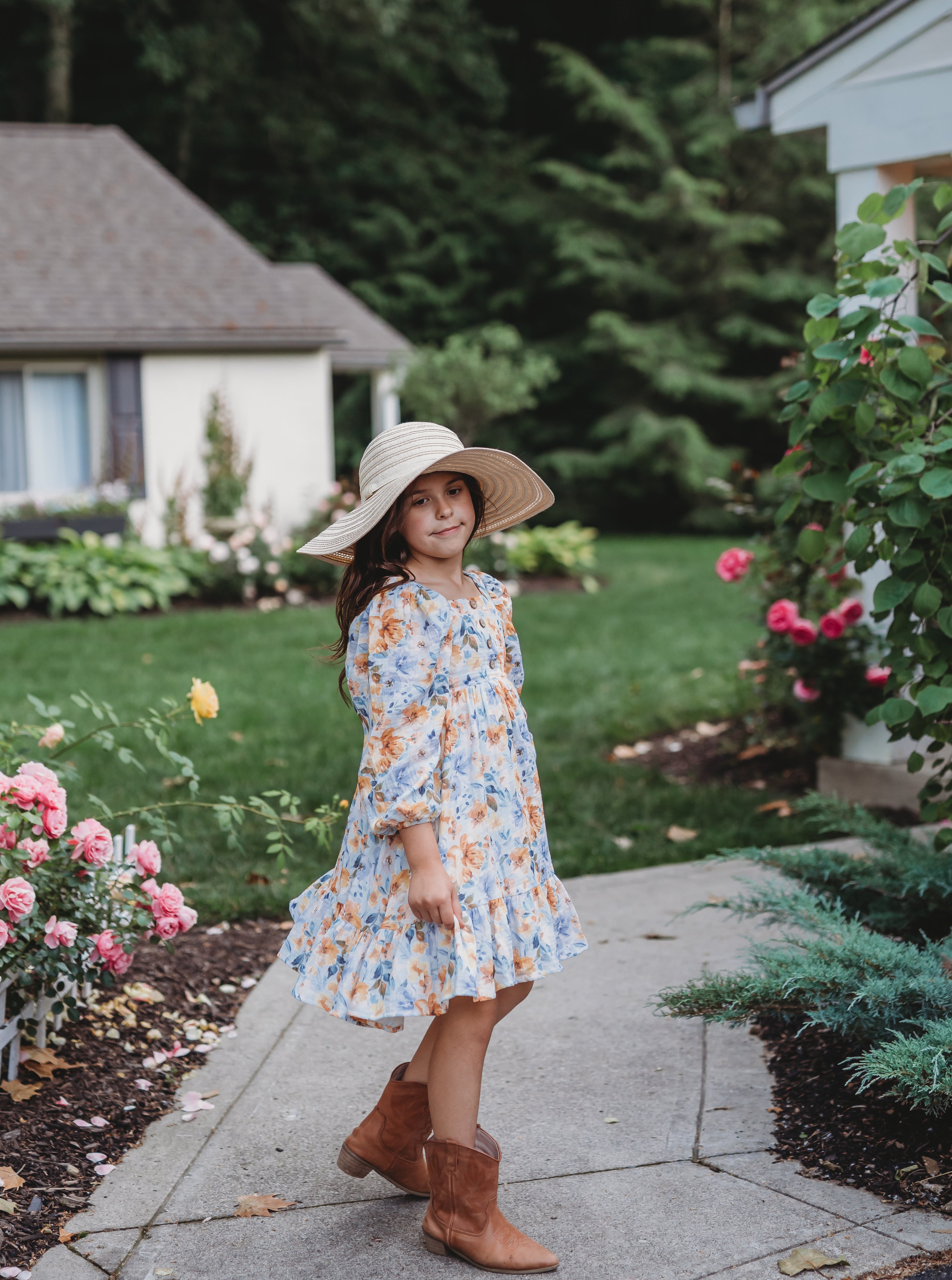 Puff Sleeve Gauze Dress - Azure & Amber (Pre-Order)
