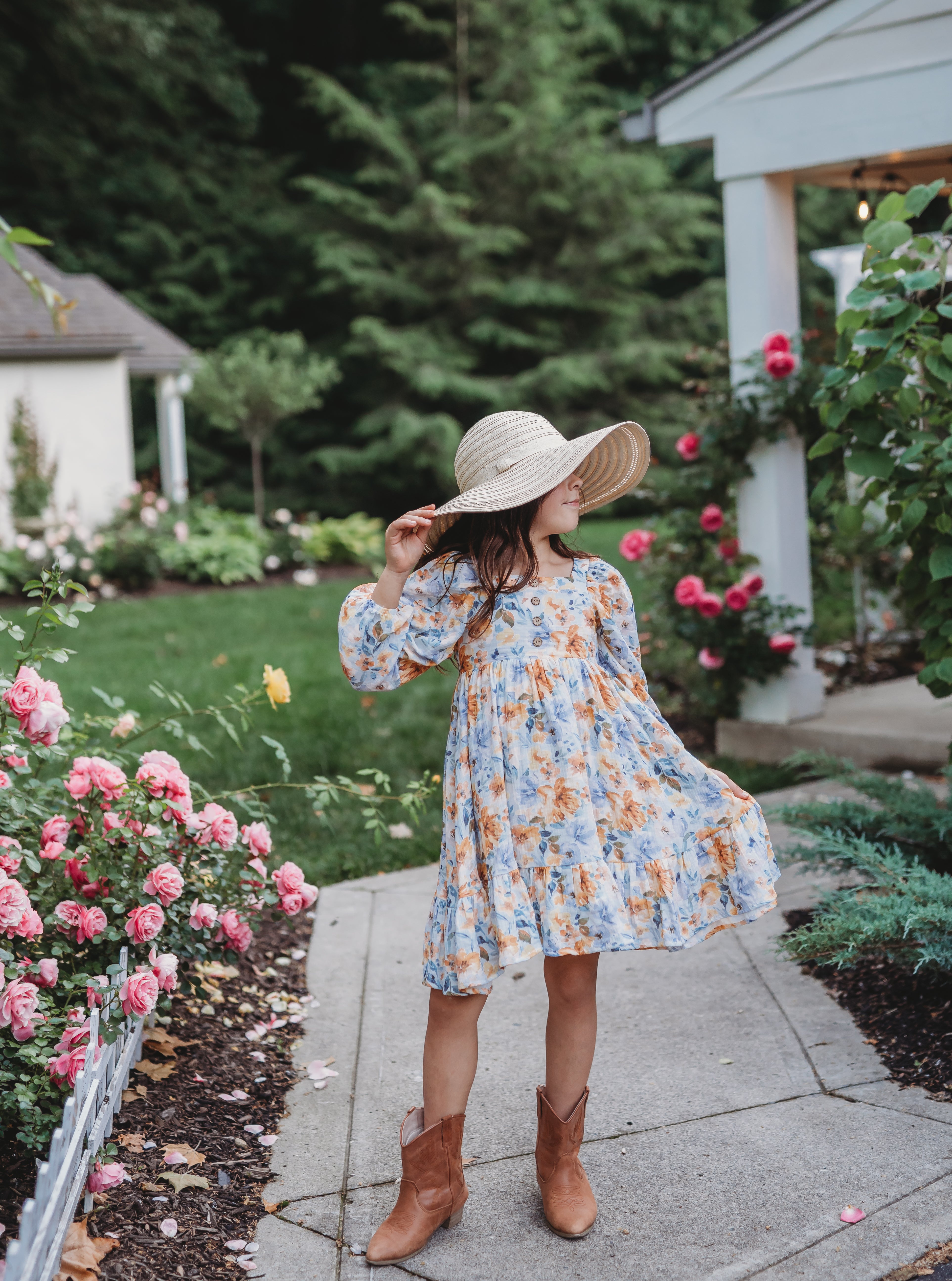 Puff Sleeve Gauze Dress - Azure & Amber (Pre-Order)