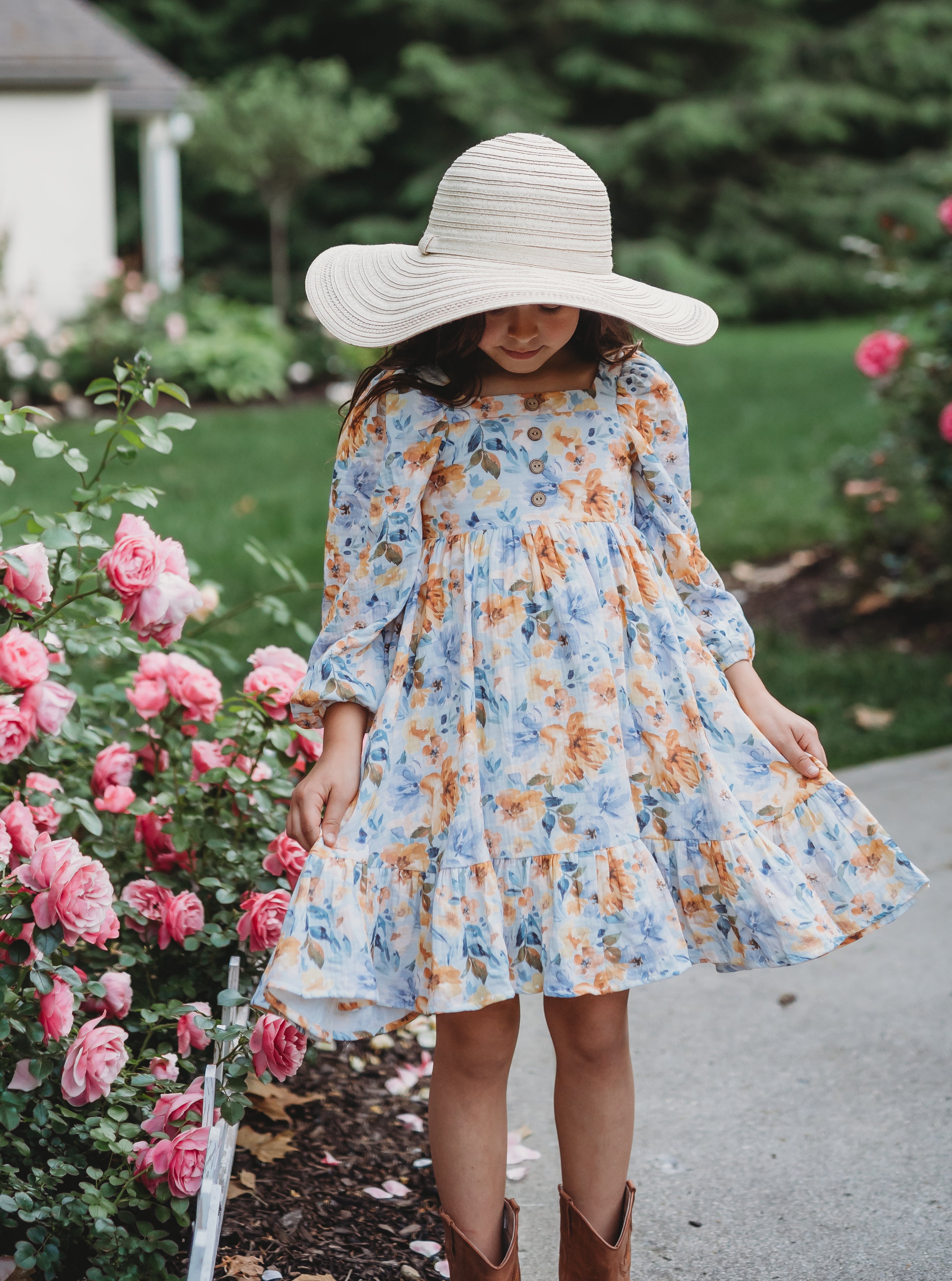 Puff Sleeve Gauze Dress - Azure & Amber (Pre-Order)