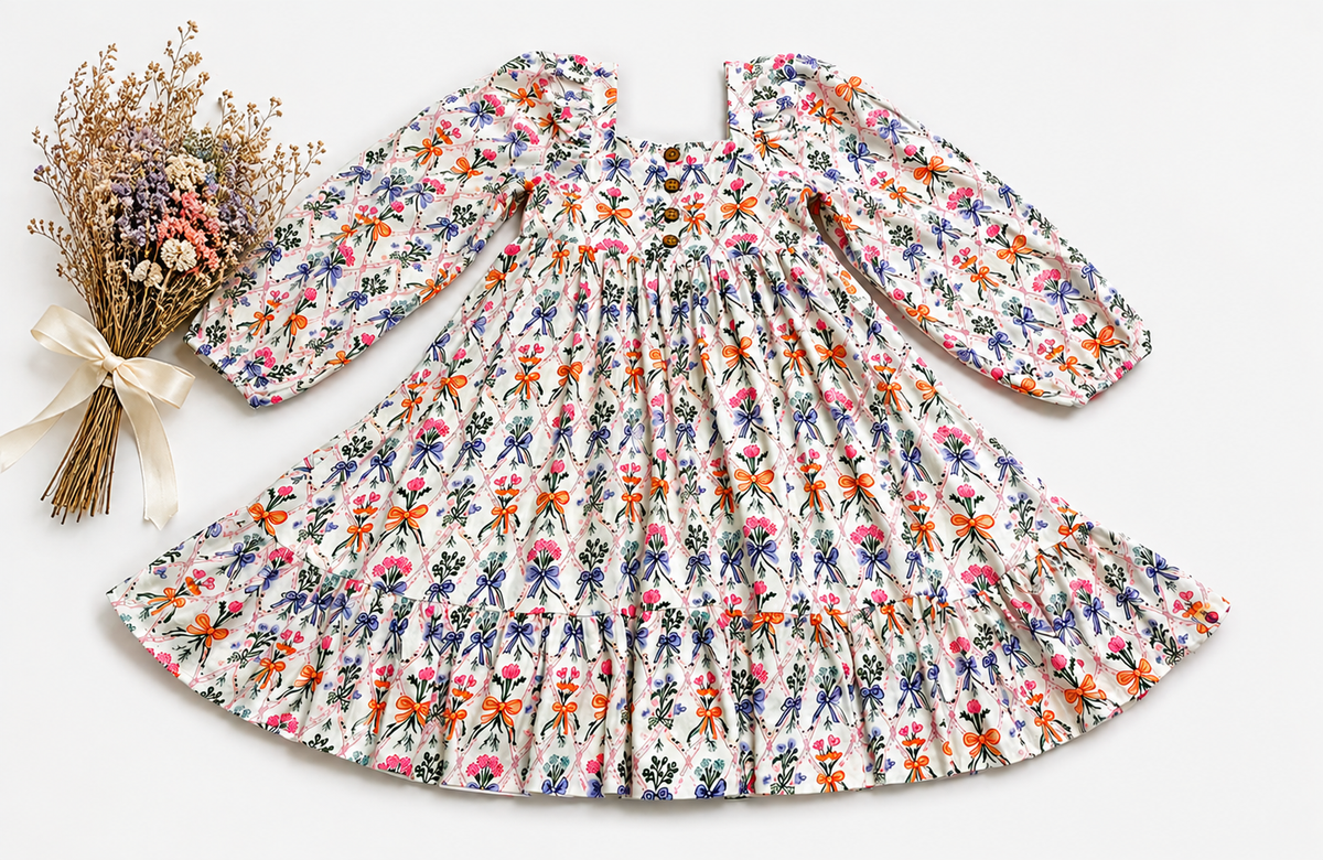 Puff Sleeve Gauze Dress - Ribboned Wildflowers