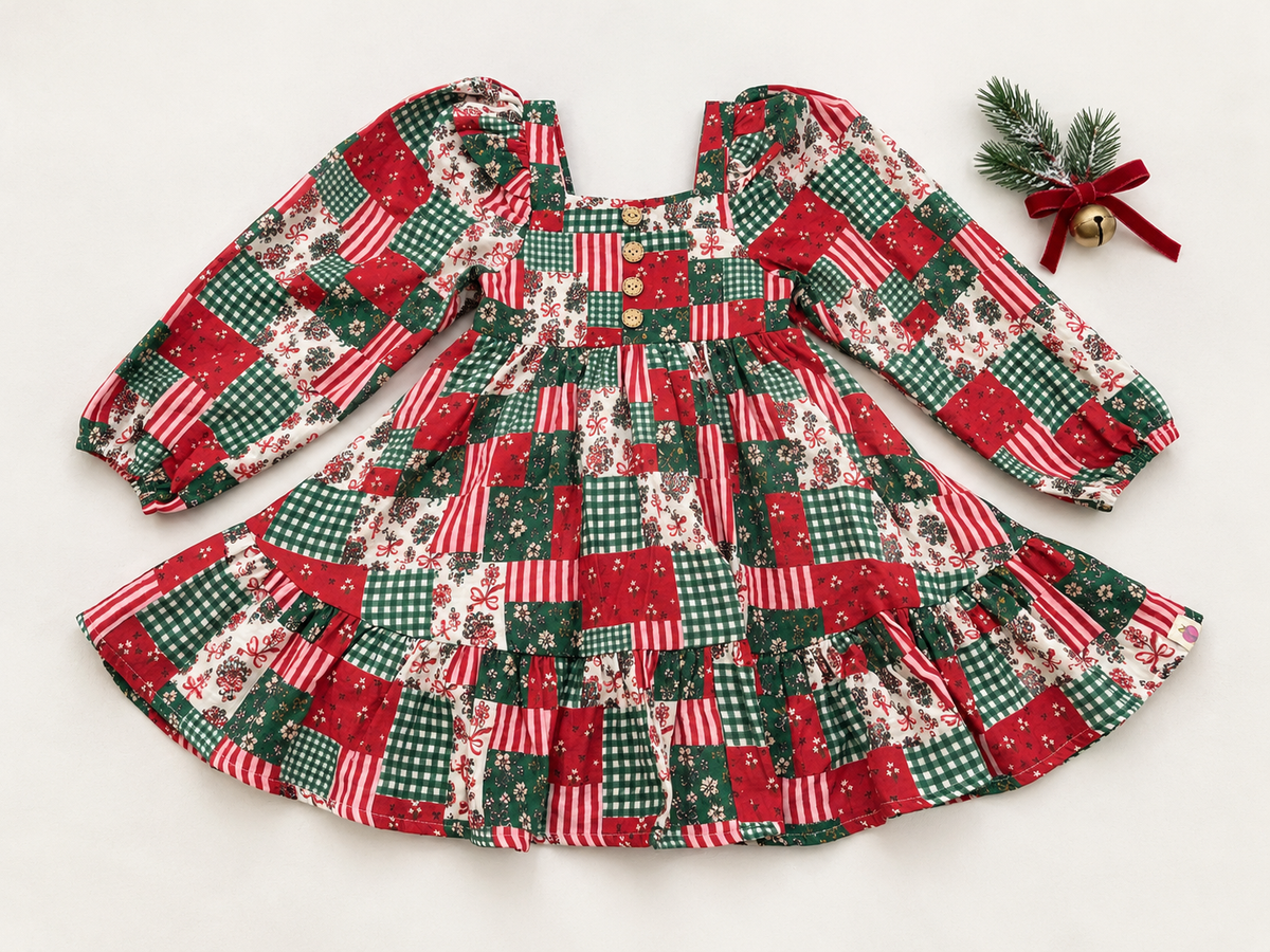 Puff Sleeve Gauze Dress - Holiday Quilt (Pre-Order ships end of October)