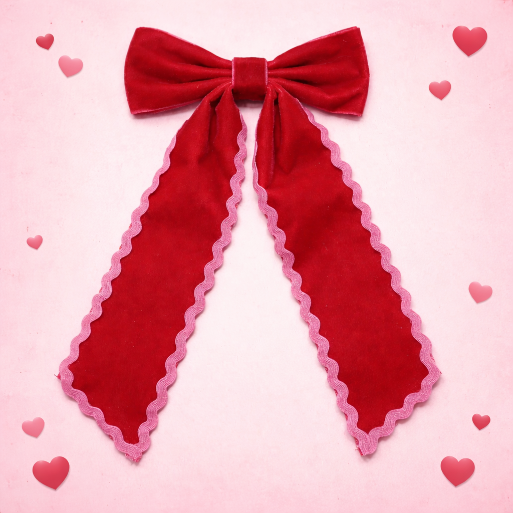 Ruffle Trim Hair Bow - Cherry