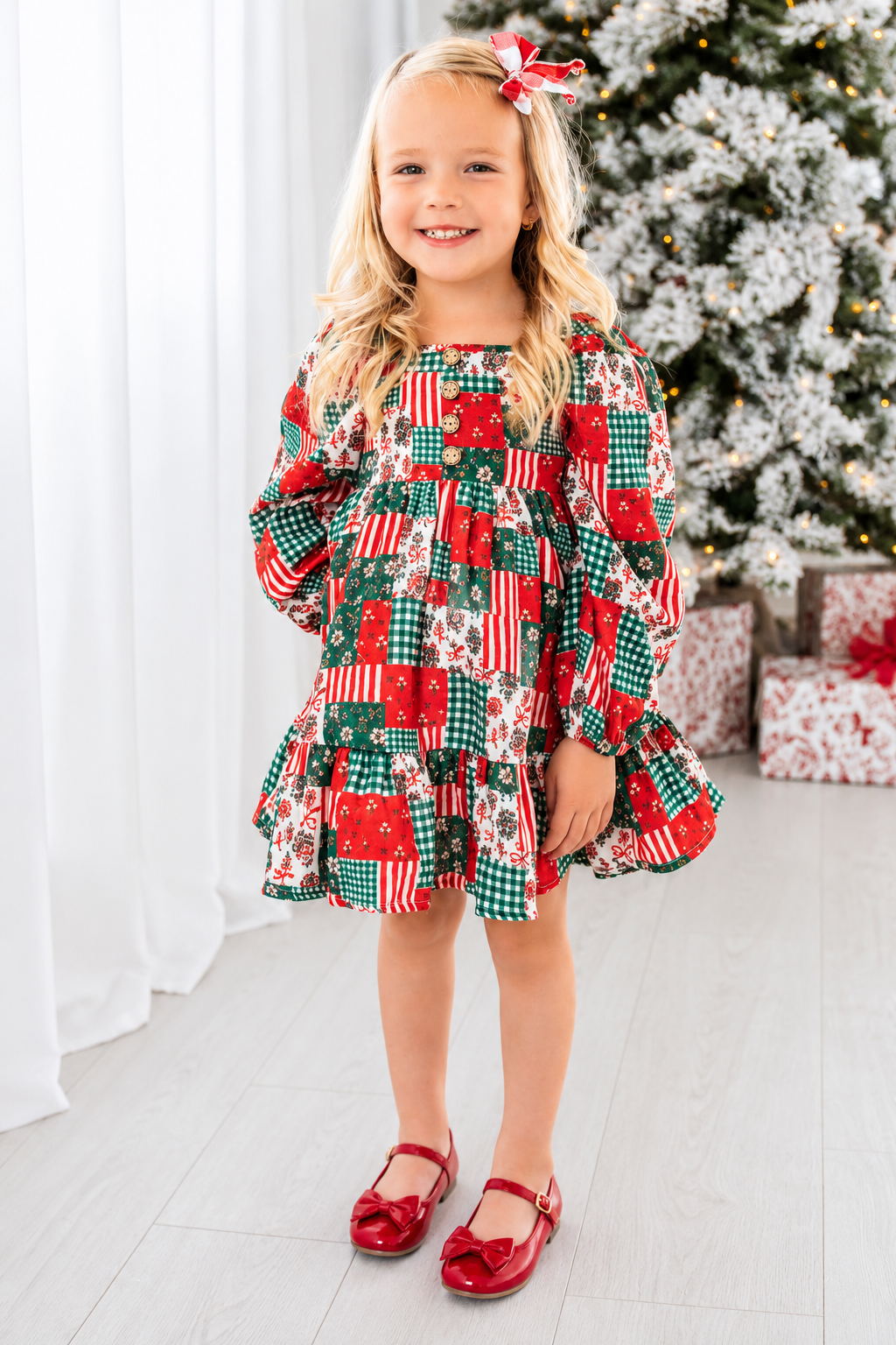 Puff Sleeve Gauze Dress - Holiday Quilt (Pre-Order ships end of October)