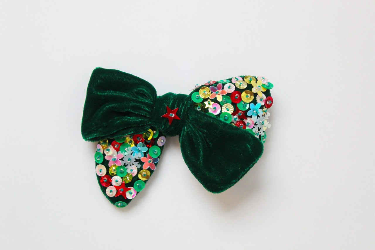 Velvet Sparkle Hair Bow - Green