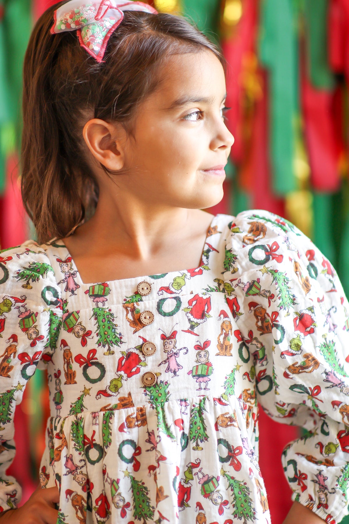 Puff Sleeve Gauze Dress - Grinchmas