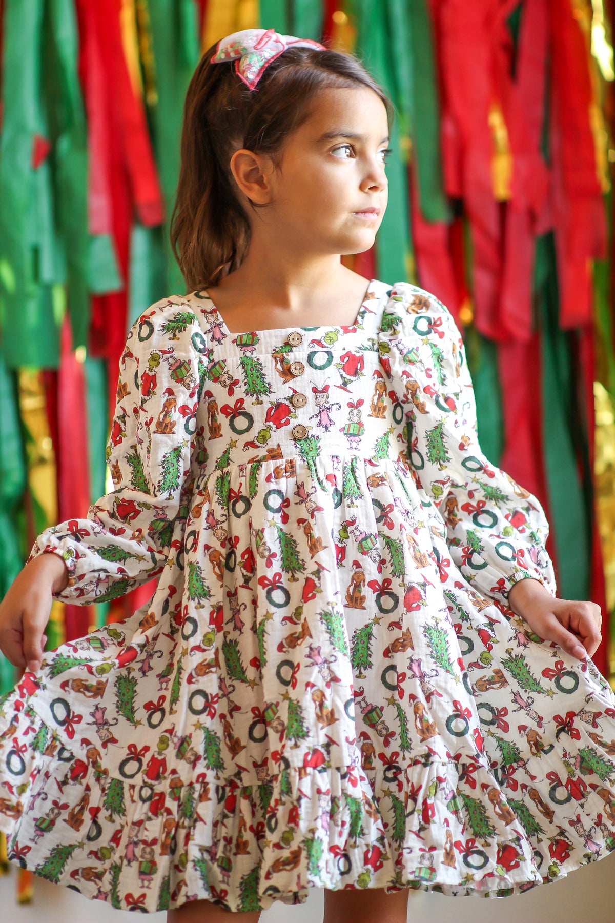 Puff Sleeve Gauze Dress - Grinchmas