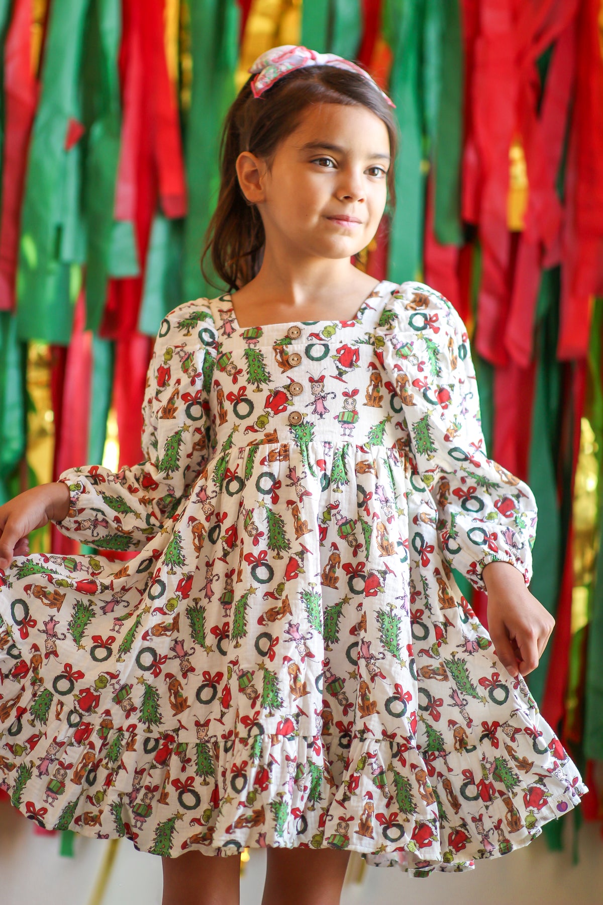 Puff Sleeve Gauze Dress - Grinchmas