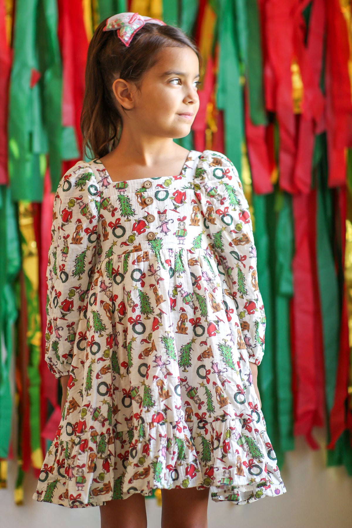 Puff Sleeve Gauze Dress - Grinchmas