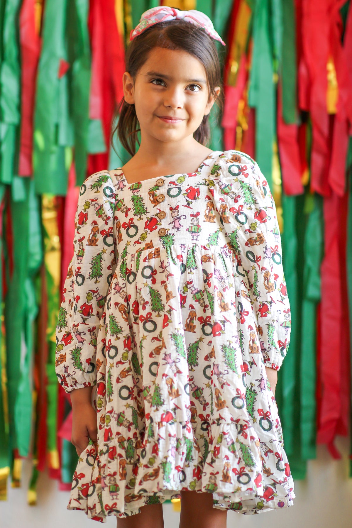 Puff Sleeve Gauze Dress - Grinchmas