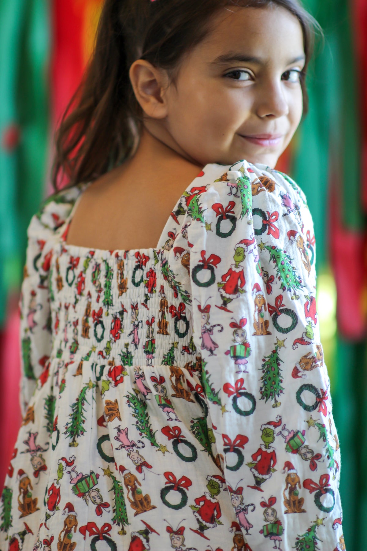 Puff Sleeve Gauze Dress - Grinchmas