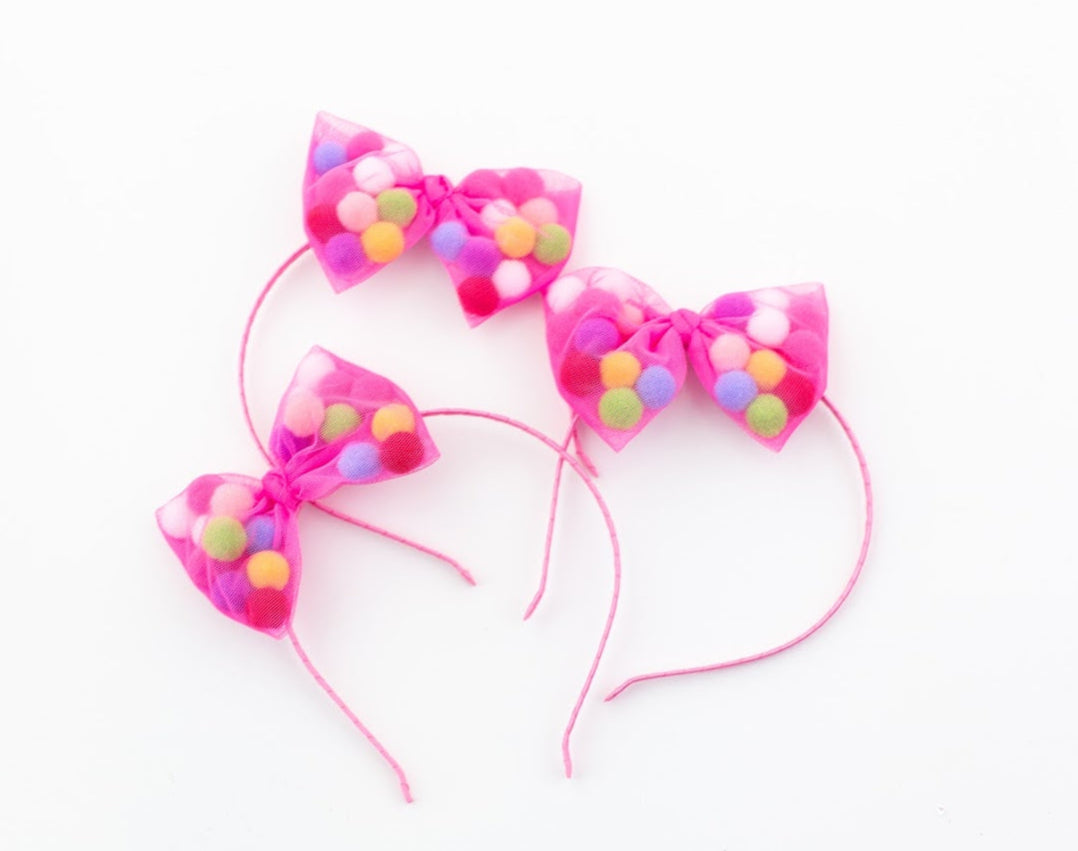 Pom Pom Bow Headband - Bubblegum