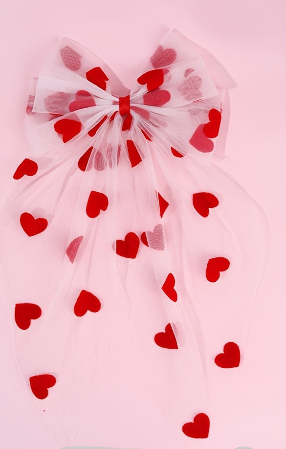 Tulle Hair Bow - Red Hearts
