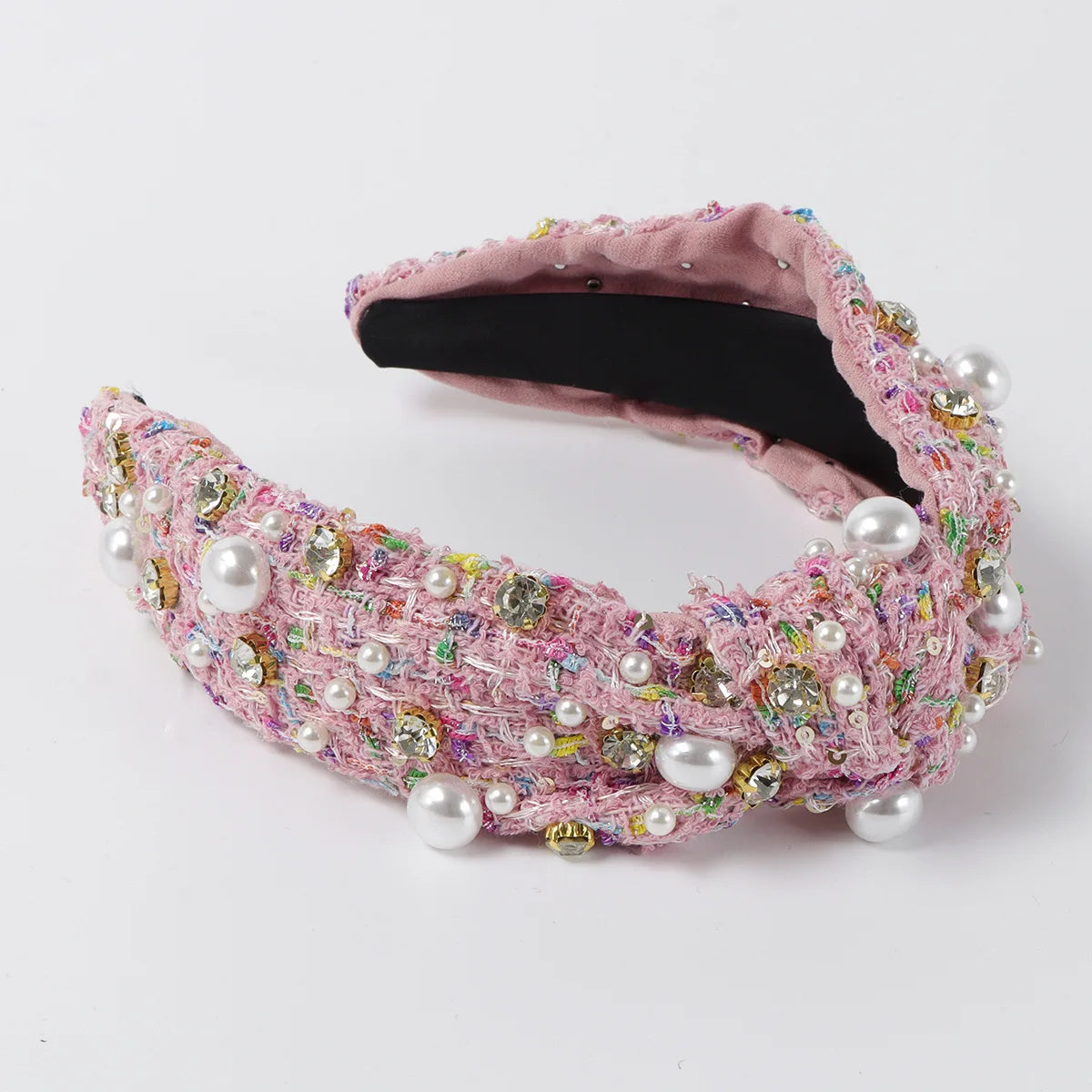 Vintage Cream tweed stretchy headband pearl detail knot main image 1