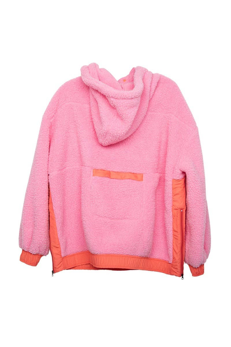Pink Two-Toned Sherpa Pullover Hoodies: Pink / S