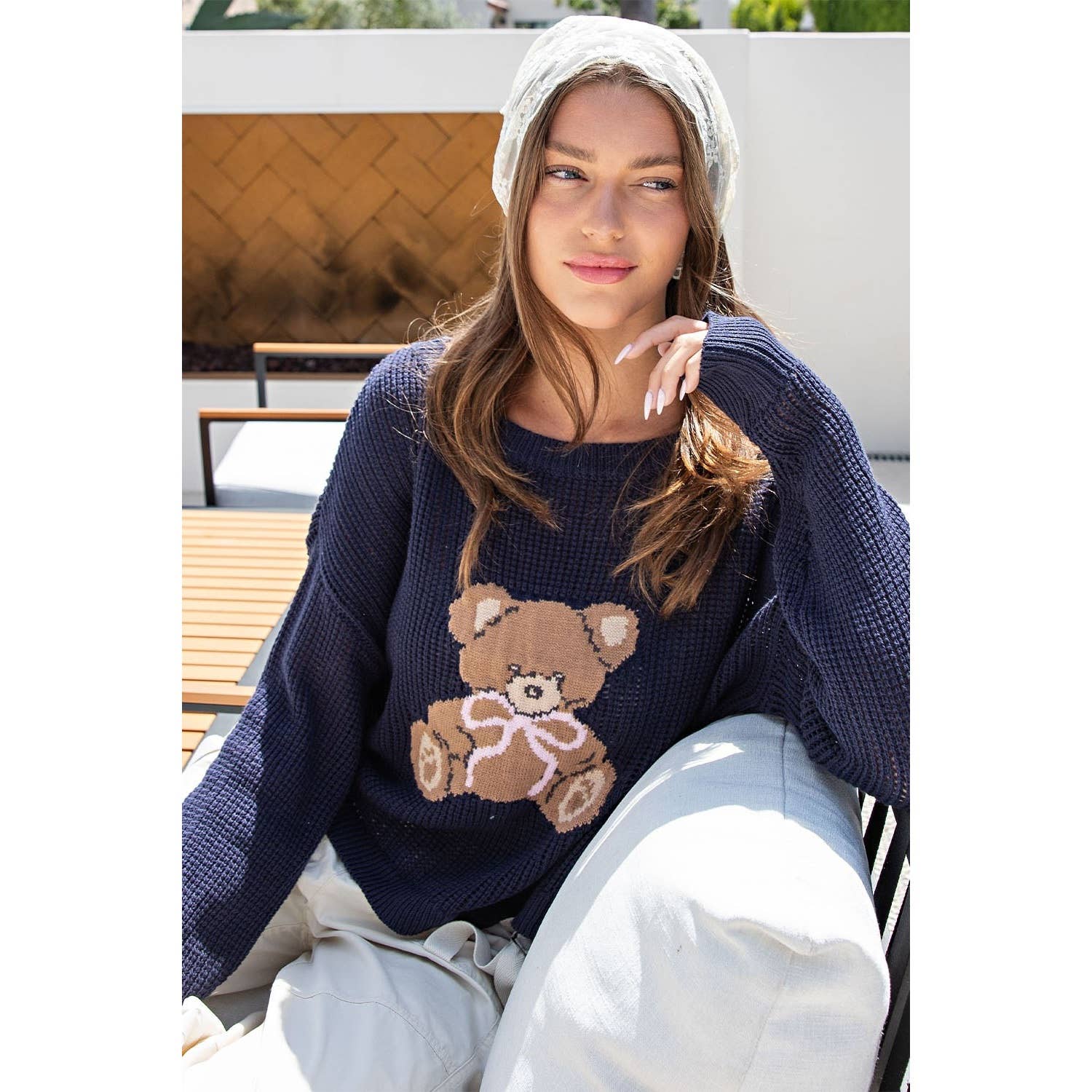 Teddy Bear Knit Sweater Top: OFF WHITE / L