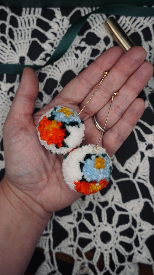 Pom Pom Drop Earrings: Blue Floral