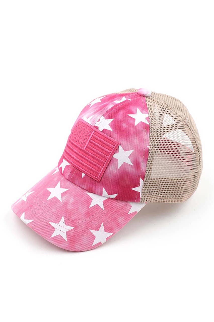 Tie Dye American Flag Ponytail Ballcap - Hot Pink