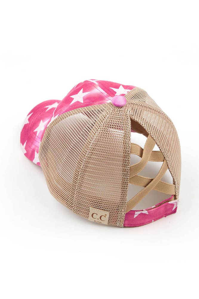 Tie Dye American Flag Ponytail Ballcap - Hot Pink