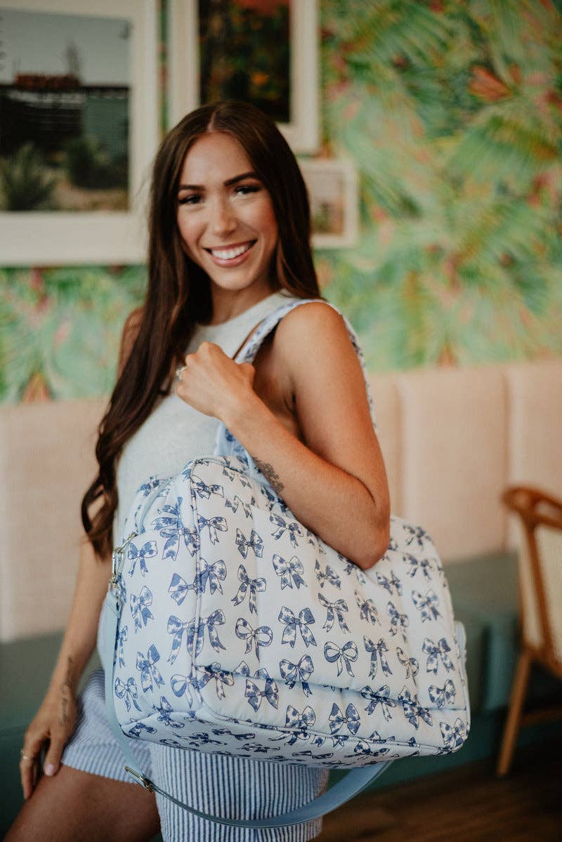 Light Blue Toile Coquette Bows Weekender w/ Pass-Thru Slip: Light Blue