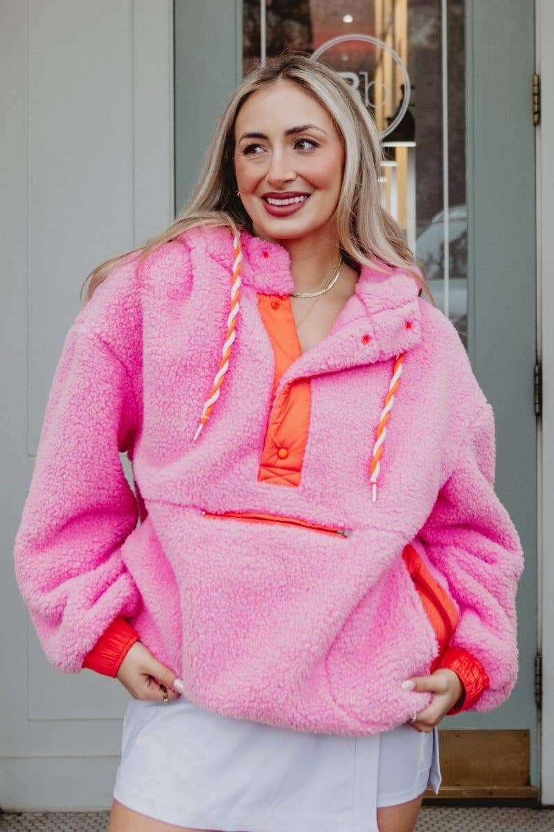 Pink Two-Toned Sherpa Pullover Hoodies: Pink / S