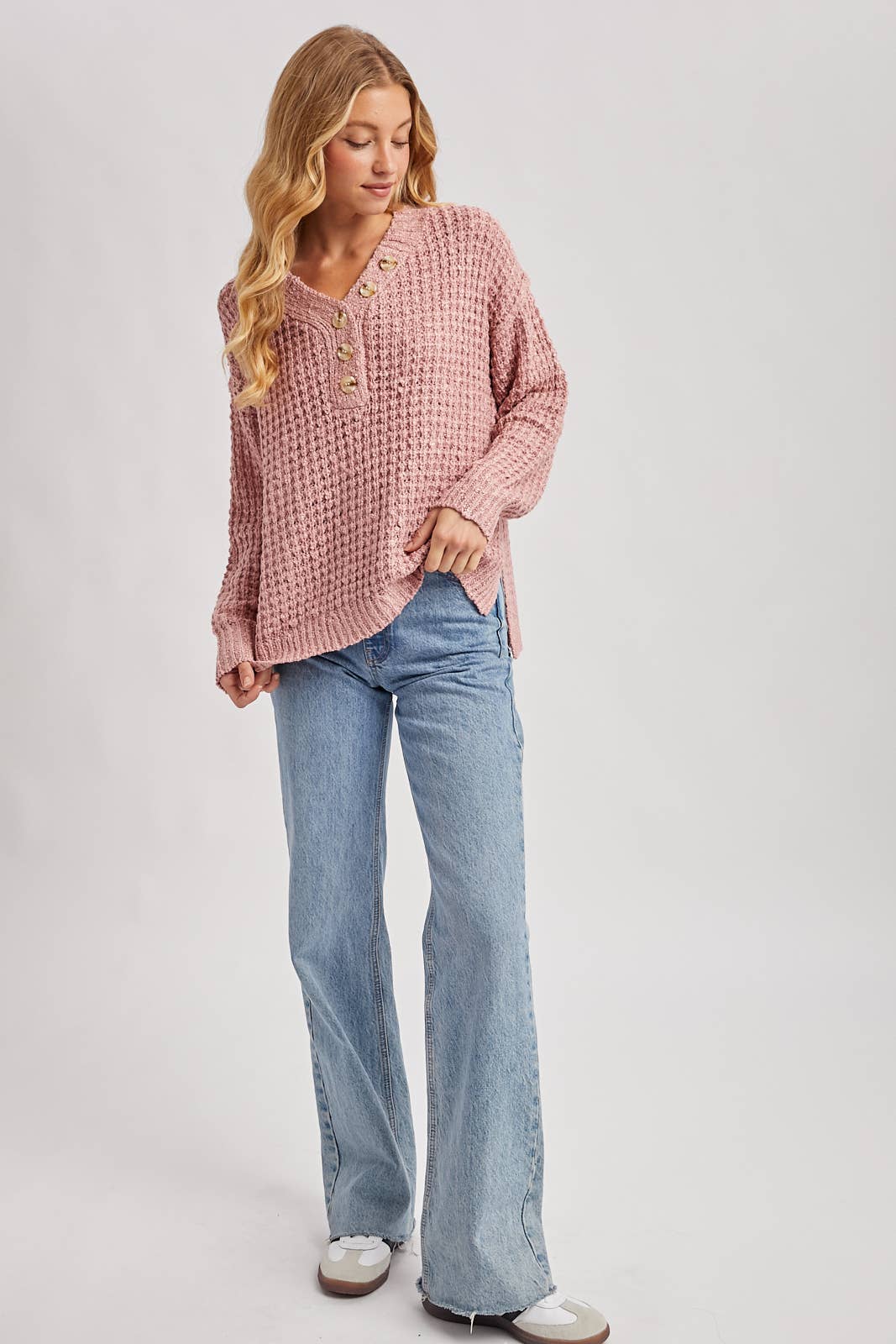 Women's Thermal Henley Sweater - Rose