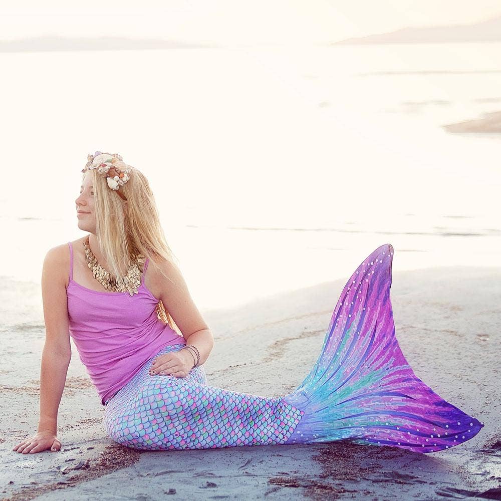 Aurora Borealis Mermaid Tail + Pink Monofin Set for kids, girls, teens, and women (pool toy): XL - Child 10/12