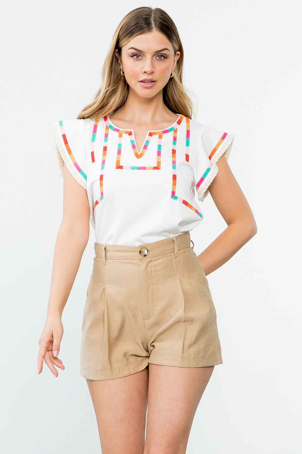 Woman's Flutter Sleeve Embroidered Blouse | White